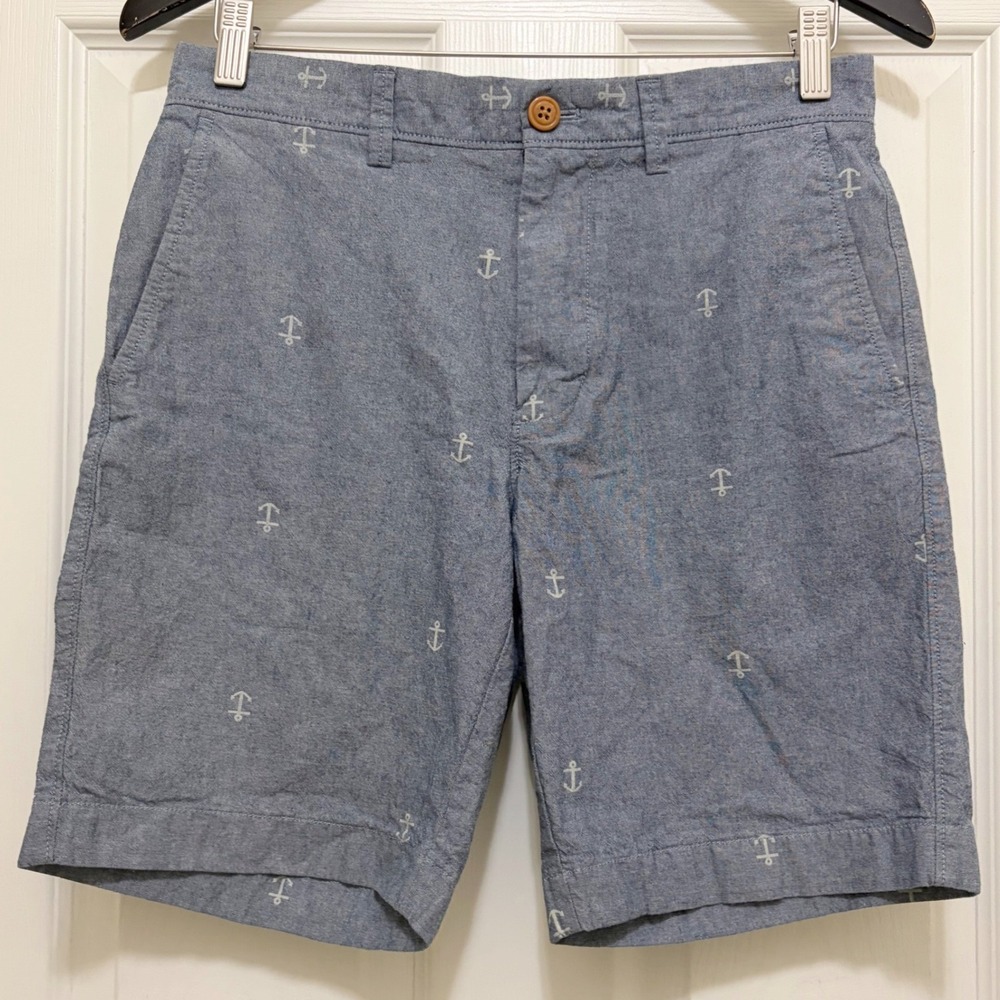 J.Crew Gramercy Mens 29W Blue Chambray Shorts Cotton Anchor Nautical Preppy
